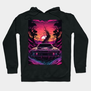 80s Car Driving Away From Tornado And Synthwave Sun Hoodie